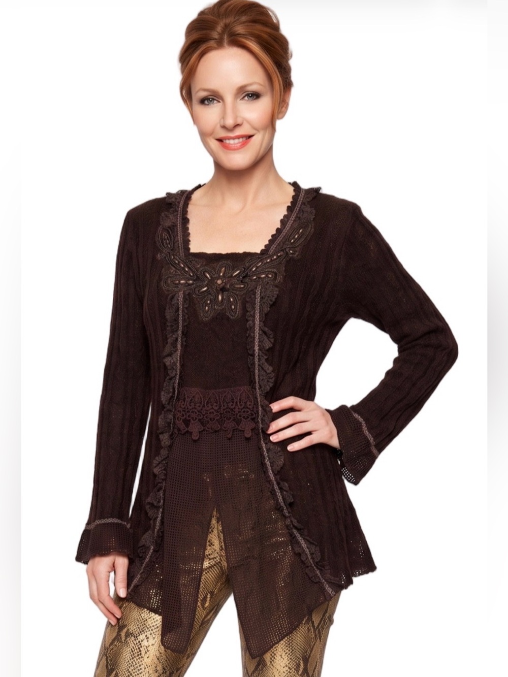 PRETTY ANGEL Brown Embroidery beaded Sweater Longsleeve Square Neck Mesh Lace - Picture 15 of 15